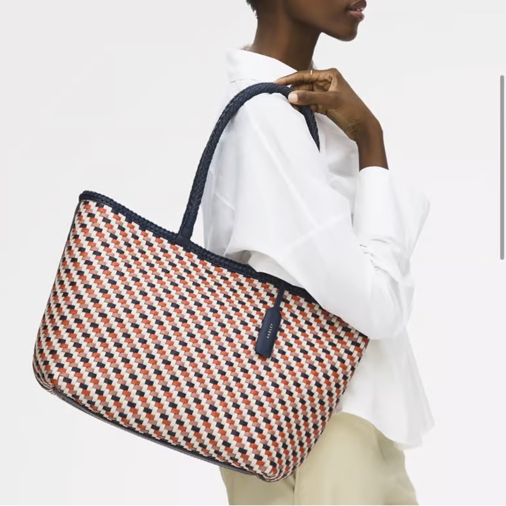 Woven Multicolor Tote Bag with Navy Trim - Picture 7 of 7